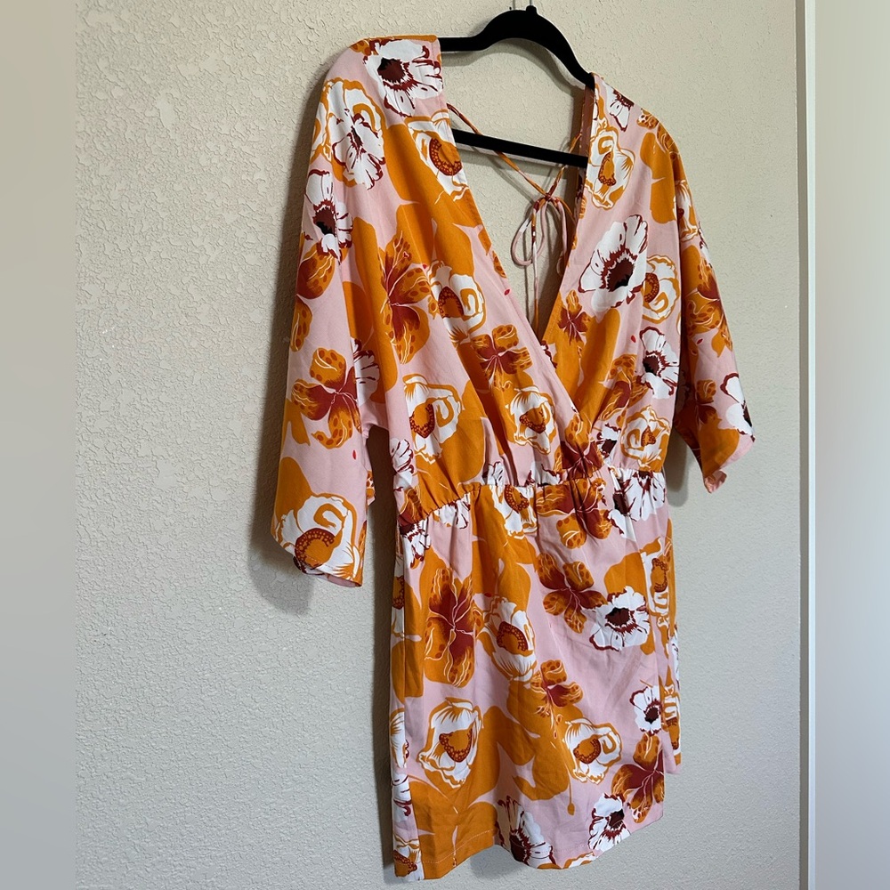 Hello Molly Pink and Orange Floral Romper Wrap Dress - Picture 8 of 11